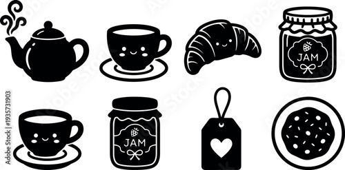 Flat kawaii vector breakfast icons smiling teapot cup croissant jam jar tag cookie set in simple black silhouette minimalist cute