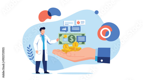 Healthcare professional pointing to money being handed over to illustrate medical expenses financial support and the cost of treatment.