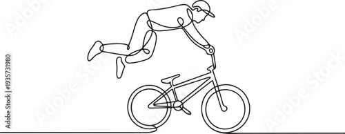 One continuous line drawing of Cycling freestyle BMX vector illustration. Cycling freestyle BMX design in simple linear continuous style vector concept.one line vector illustration
