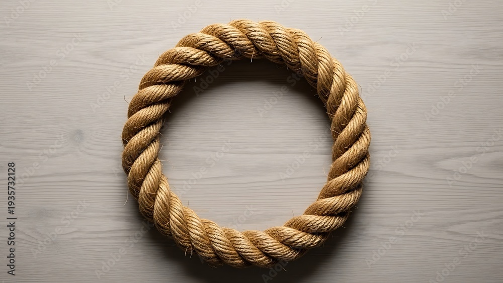 Obraz premium Rustic nautical rope circle on wood texture surface background flat lay