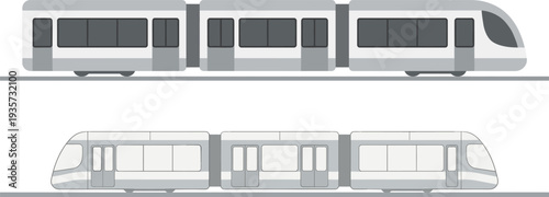 Modern metro train side view set urban public transportation subway rail vehicle flat vector illustration isolated city transit design