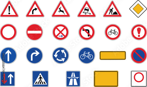 Traffic road sign icon set with warning prohibition mandatory direction symbols including pedestrian crossing roundabout highway signage vector collection