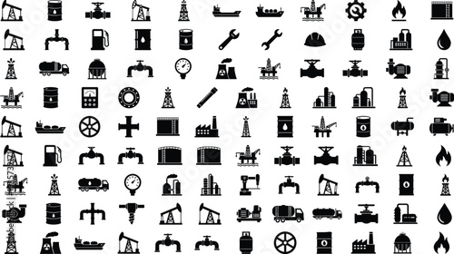Oil and gas industry icon set with refinery pipeline tanker drilling rig pump jack energy production symbols industrial petroleum vector collection