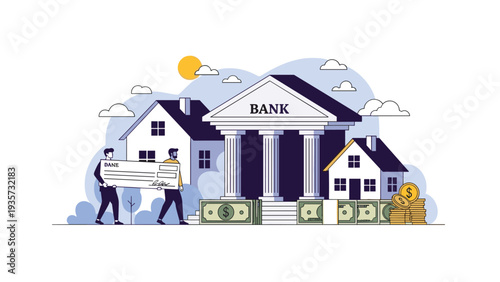 Two men carrying a large check towards a bank building to represent a mortgage loan application or a major real estate investment deal.