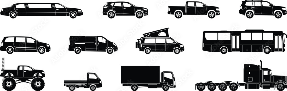 Fototapeta premium Vehicle silhouette collection set including limousine SUV pickup truck van bus monster off road car and transport icons isolated vector illustration