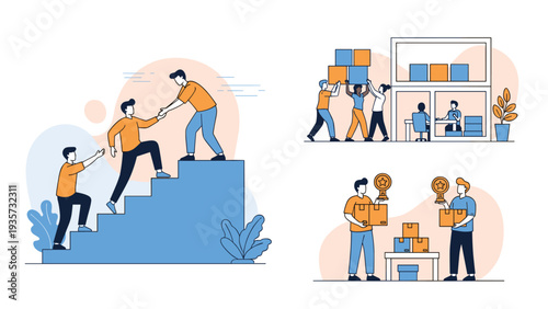 Set of illustrations depicting team members helping each other climb stairs and working together in an office to achieve mutual success.