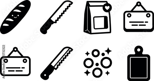 Flat design bakery icon set with smiling baguette serrated knife paper bag hanging sign bubbles and cutting board close up