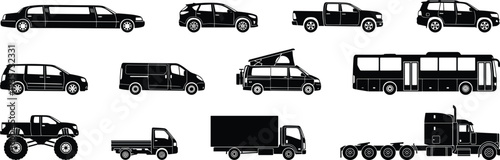 Vehicle silhouette collection set including limousine SUV pickup truck van bus monster off road car and transport icons isolated vector illustration