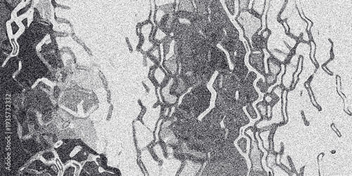 Abstract grayscale image with wavy, flowing dark lines and a speckled granular background creating a fluid, organic, and textured visual effect for design