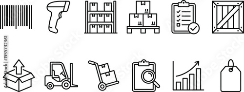 Warehouse logistics and inventory management line icon set with barcode scanner storage boxes forklift shipping symbols vector illustration