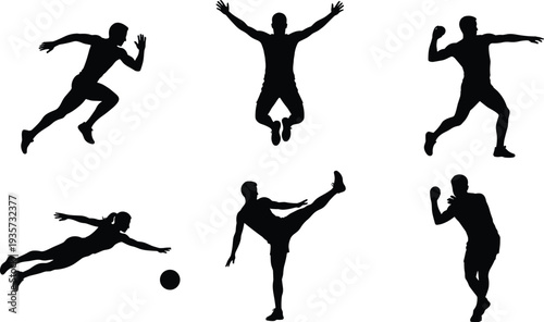 Soccer player silhouettes set showing football actions including running jumping kicking tackling and dribbling isolated collection for sports design logos posters training graphics