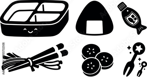 Minimalist kawaii bento box icons smiling rice ball chopsticks soy sauce bottle cookie snacks and star fork flat vector set