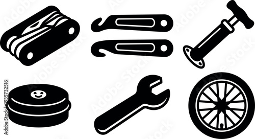 Minimalist vector flat design bicycle repair tools set close up wrench pump tire levers multi tool wheel rim maintenance workshop