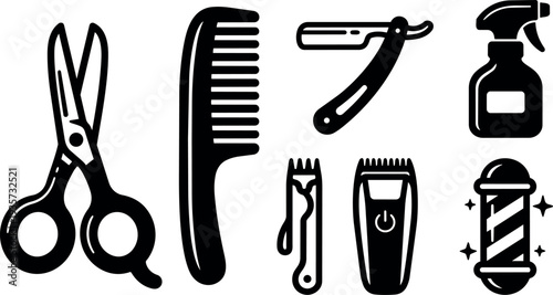 Flat design barbershop tool icon set showing scissors comb straight razor clippers spray bottle and barber pole in collection row