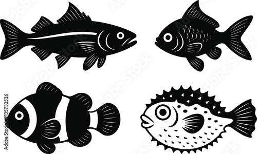 Fish silhouette icon set, ocean and freshwater fish collection including bass, clownfish and puffer fish, aquatic wildlife vector illustration