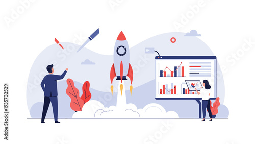 Startup team celebrating a successful rocket launch as a metaphor for a new business venture achieving rapid growth and market success.