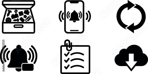 Flat design black notification and download icon set with checklist bell phone drawer and sync arrows in simple minimal layout