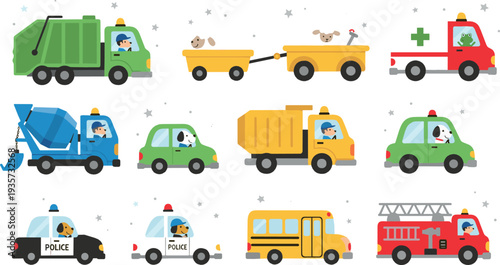 Cute cartoon city vehicles collection flat vector illustration with garbage truck ambulance police car school bus fire engine and construction transport