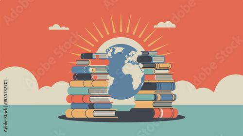 Stack of books forming arch around globe under sunny sky with clouds symbolizing education and learning
