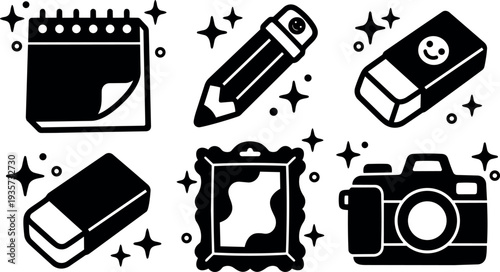 Flat design pencil eraser notebook camera picture frame page spiral top view black silhouette sparkling stationery icons school desk layout