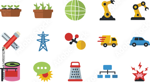 Technology Industry and Automation Flat Icon Set Featuring Robot Arm Factory Tools Global Network Delivery Truck Car and Industrial Elements.
