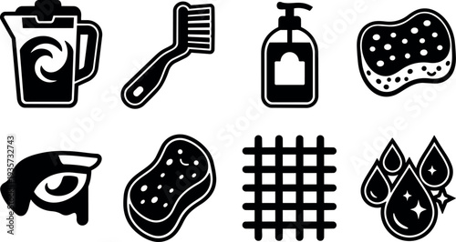 Flat design close up cleaning icons set showing brush sponge soap bottle dispenser grid water droplets and eye drop symbol