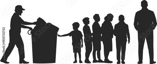 Silhouette illustration of sanitation worker pushing trash bin while line of people waits behind, conceptual metaphor for waste management, society, consumption or human disposal