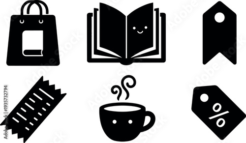 Flat design minimal shopping bag book and bookmark ticket coffee cup discount tag smiling icon set simple black vector glyphs