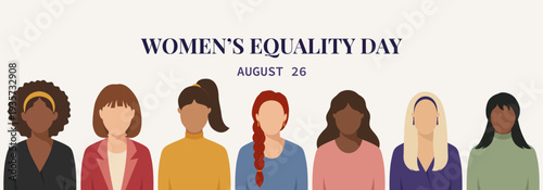 Women's Equality Day August 26 banner with diverse group of faceless women 