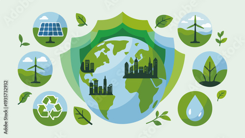 Eco friendly protection shield with green earth cityscape solar panel wind turbine recycling symbol and leaves on white background representing environmental conservation