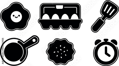 Flat design smiling fried egg with face beside egg carton spatula frying pan cookie and alarm clock cute breakfast icons