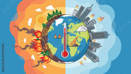Earth globe divided into two sides illustrating the severe impact of climate change with forest fires on one side and urban development.