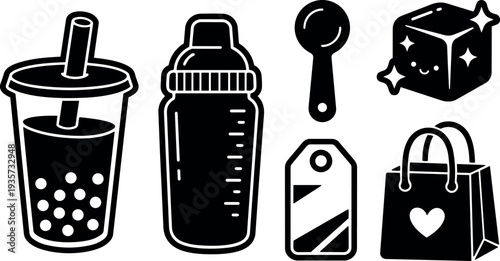 Flat design kawaii bubble tea boba cup baby bottle spoon sugar cube price tag shopping bag icon set black silhouettes
