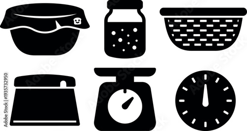 Flat design kitchen icon set close up showing covered bowl jar colander storage container weighing scale kitchen timer black silhouette