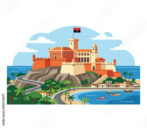 Majestic Fortress by the Sea: A coastal scene showcases an impressive castle perched atop a rocky promontory, a symbol of historical architecture, with ocean view and vibrant local flora and fauna.