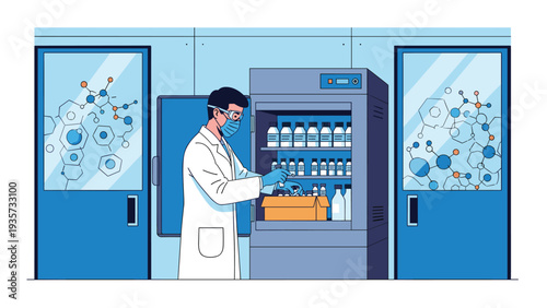 Scientist wearing a face mask and protective glasses while carefully taking out vaccine vials from a medical laboratory refrigerator.