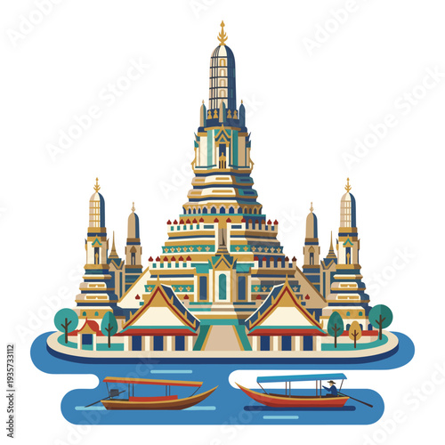 Wat Arun Ratchawararam Ratchawaramahawihan: An illustration of a majestic temple standing as a testament to history and culture, situated by the river with longtail boats. 