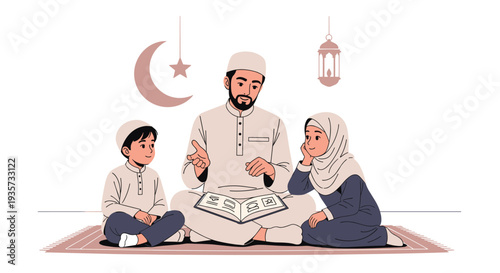 Ramadan Kareem Night Illustration with Mosque, Lanterns, Crescent Moon and Iftar Dates