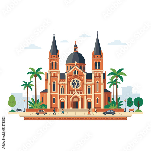 Iconic Architectural Marvel: A meticulously crafted illustration presents a grand cathedral, showcasing intricate details of its architecture, complemented by the lush greenery of palm trees.