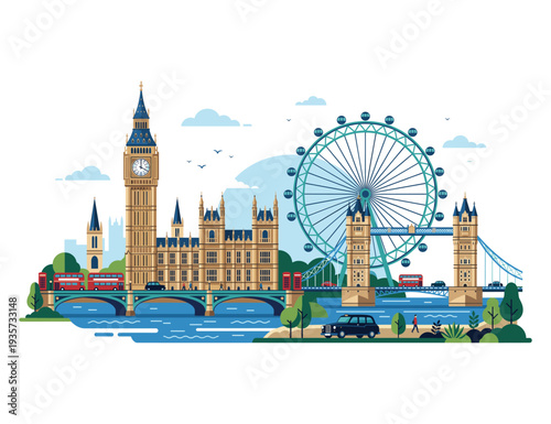 London Landmarks: Capturing the grandeur of London's iconic landmarks, a detailed illustration showcases the city's architectural prowess and vibrant atmosphere, featuring the Big Ben clock tower.