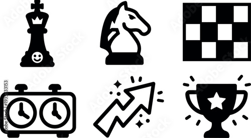 Flat design chess icon set including king knight clock checkerboard trophy upward arrow and winning celebration in bold silhouette minimal