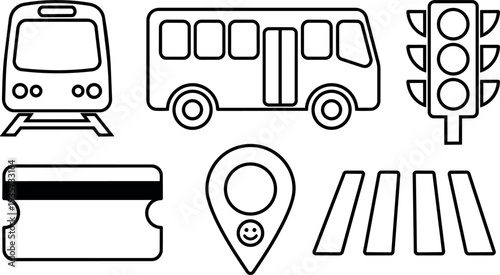 Minimalist line icon set of public transport symbols train bus traffic light ticket map pin and pedestrian crosswalk in black