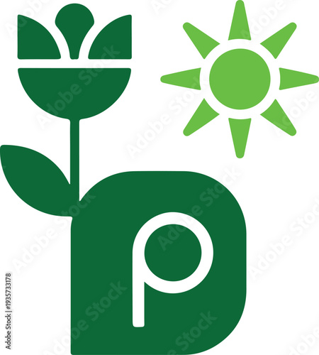 Green ecofriendly logo with flower and sun design elements