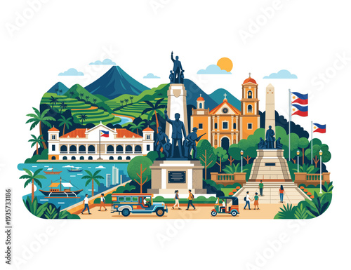 Philippine Cityscape: An artistic, vibrant, and eye-catching illustration showcases a picturesque cityscape, highlighting iconic landmarks, lush landscapes, and the dynamic energy of urban life.