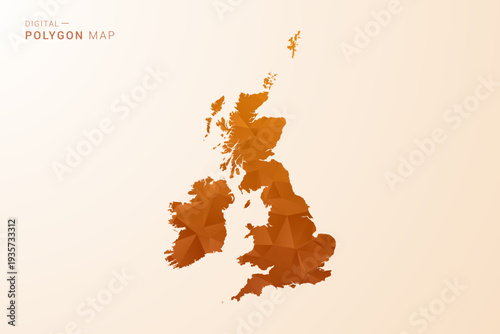 United Kingdom Map - Low Poly Polygon Vector Illustration in Orange Hue, Clean Geometric Style, Isolated on White Background.