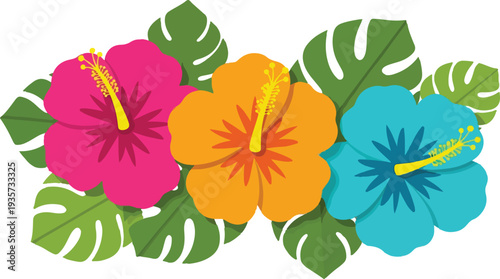 Brighten your design with this tropical hibiscus flower vector set featuring pink, red, orange, and teal blooms paired with lush monstera and palm leaves