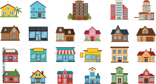Collection of colorful house and building icons in flat style featuring homes, shops and urban apartments isolated for real estate, city architecture vector set