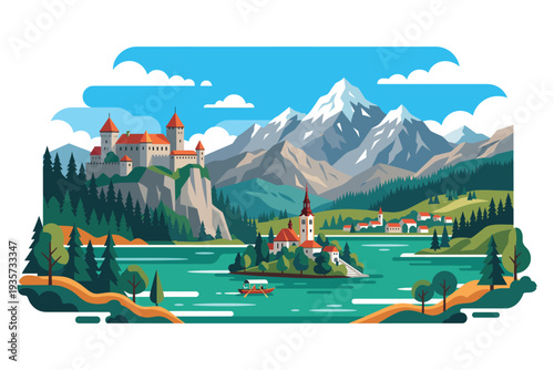 Scenic Lakeside Castle: A breathtaking landscape showcasing a majestic castle perched on a hillside overlooking a serene lake with snow-capped mountains in the distance, bathed in vibrant colors.