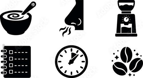 Flat design six coffee and kitchen icons bowl with spoon nose smelling grinder checklist timer coffee beans close up silhouette