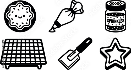 Line art cookie baking icons set smiling cookie piping bag sprinkles cooling rack spatula star cutter flat vector black white
